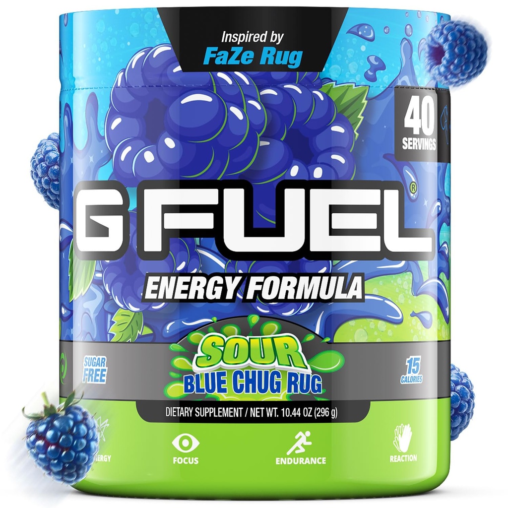 G Paliwo Chug Rug Energy Drink Powder, Wstępny trening kofeiny do gier, bezcukrowy Amino Focus, Witamina + Przeciwutleniacze, 10.44oz (Sour Blue Malina, 40 Służenie)
