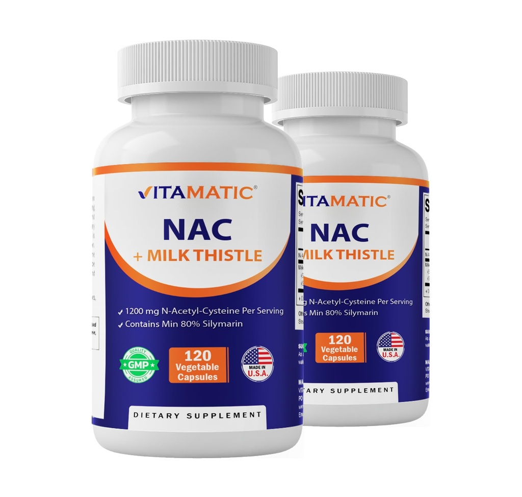 Vitamatic NAC Supplement N- Acetyl- L- Cysteine (NAC) with Milk Thistle 50: 1 Extract - Wspiera immunologiczne, oddechowe, Zdrowie wątroby, 1200 mg na jedną porcję, 120 kapsułek Veg - 2 opakowania
