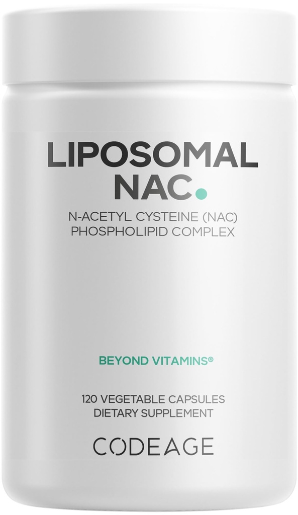 Codeage Liposomal NAC Supplement - N- Acetyl L- Cysteina Amino Acid - 2 Month Supply - Free- Form NAC - Fosfolipid Complex - Vegan, Non-GMO, Gluten- Free, Dairy- Free - 120 Kapsułki