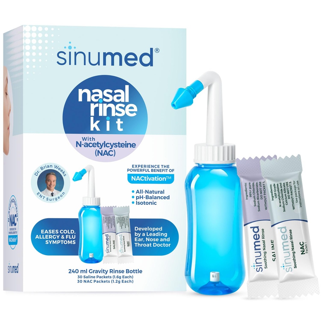 Sinus Rinse, 60PK Nasal Rinse Pakiety z NAC i Saline, Gravity Rinse Bottle, Alternatywa Neti Pot, Pomaga z alergii, Zatory, Zimne objawy (Gravity Bottle z NAC 60PK)