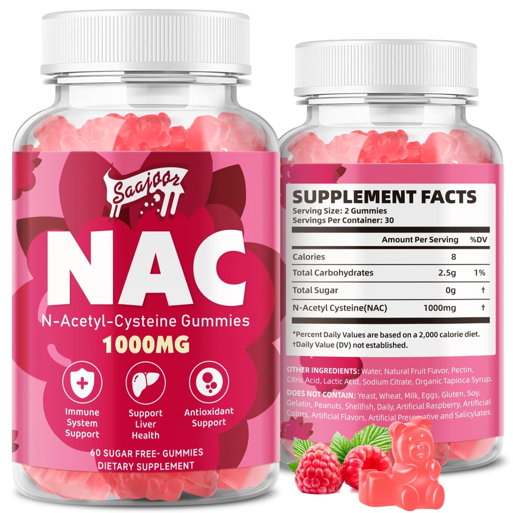 N- Acetylo Cysteina suplement NAC 1000mg dla przeciwutleniaczy, Wsparcie immunologiczne, Non-GMO, Gluten- Free, Wegan - Malina Flavor, 60 Gummies