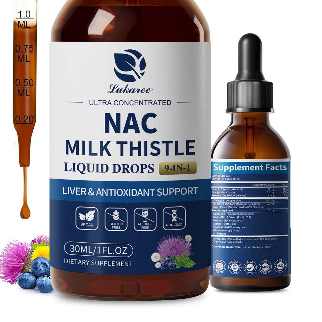 Lukaree Liposomal NAC Supplement N- Acetyl- L- Cysteina 600mg with Milk Thistle - NAC Acid Drops w / Selenium for Liver & Nurney Support *, Lung, Antioksydants & Immune Support * - Vegan, Non- GMO- 2oz