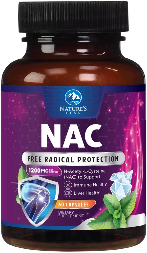 Suplement NAC - 1200mg na serwowanie N- Acetyl- L- Cysteina - Optymalne wchłonięcie immunologiczne Wsparcie immunologiczne z mocnymi przeciwutleniaczami - Wsparcie dla układu oddechowego i wątroby - Bez glutenu, Butelka w USA - 60 Kapsułek