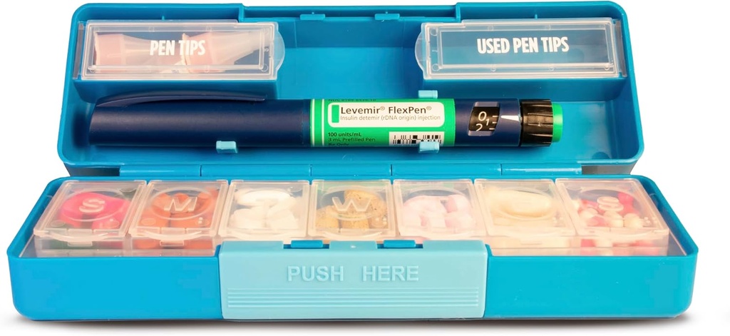 GMS Group Medical Supply, LLC Diabetic Pen Case & 7 Day Medicine Organizer - Zestaw podróżny dla Diabetic Supplies - w Glance Medicine Reminder - Utrzymuje nowe i używane igły Bezpiecznie - Małe i Dyskretne