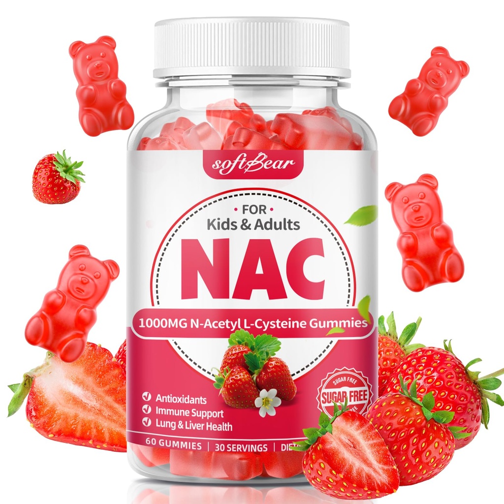 softbear NAC Gummies dla dzieci i dorosłych, suplement NAC 1000mg N Acetylocysteina wspomaga zdrowie płuc i wątroby, przeciwutleniacze i system immunologiczny, Strawberry Flavor 60 Count