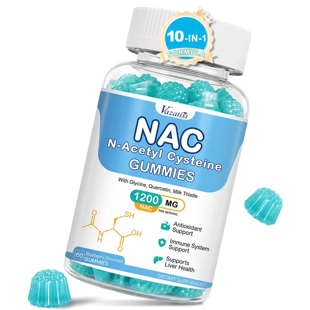 NAC Gummies, suplement NAC z cieście mlecznym, Selenium, B6, B12 - Przeciwutleniacz, Wsparcie immunologiczne - N Acetylo Cysteina 600 mg na gumę - Blueberry Flavored, 60 Cts