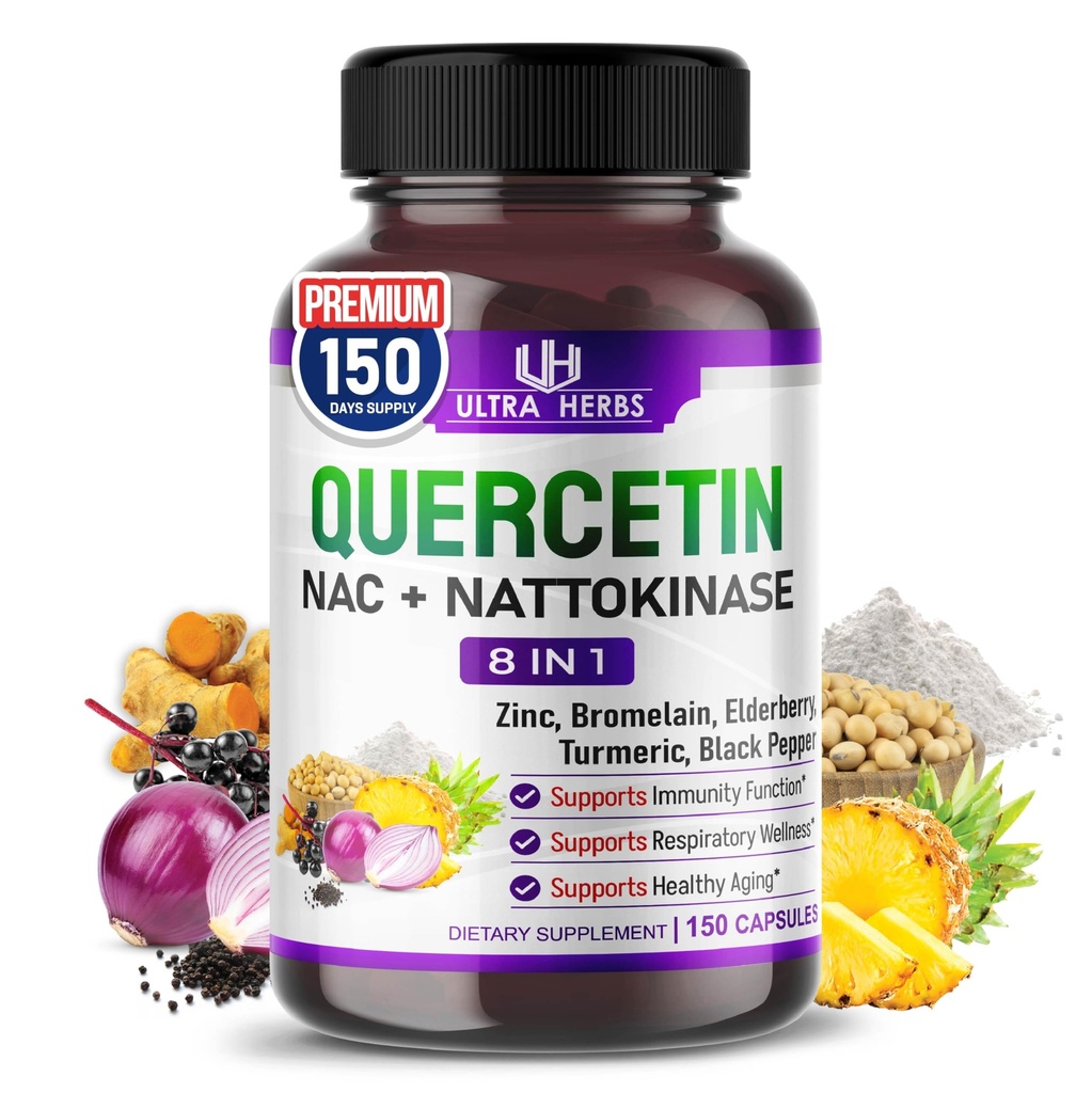 Suplement Quercetin z bromelainą, witaminą C i cynkiem, Nattokinazą, NAC, Elderberry, Elderberry Breath 124; 8 w 1 Kompleks Ultra Przeciwutleniaczy dla zdrowia immunologicznego 124; 150 Kapsułki