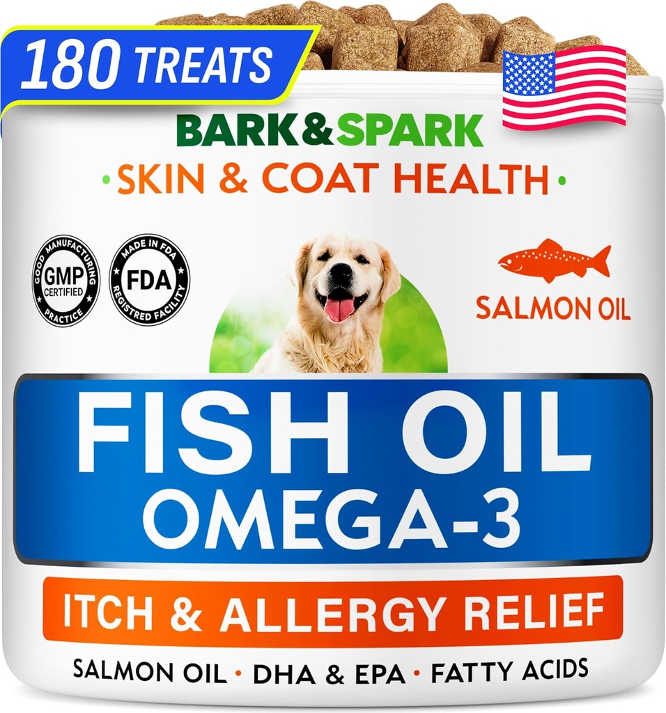 BARK & SPARK Omega 3 dla psów - 180 Fish Oil Treats for Dog Shedding, Alergia skóry, Itch Relief, Hot Spots Treatment - Joint Health - Skin and Coat Supplement - EPA & DHA Fatty Acids - Canine Salmon Oil