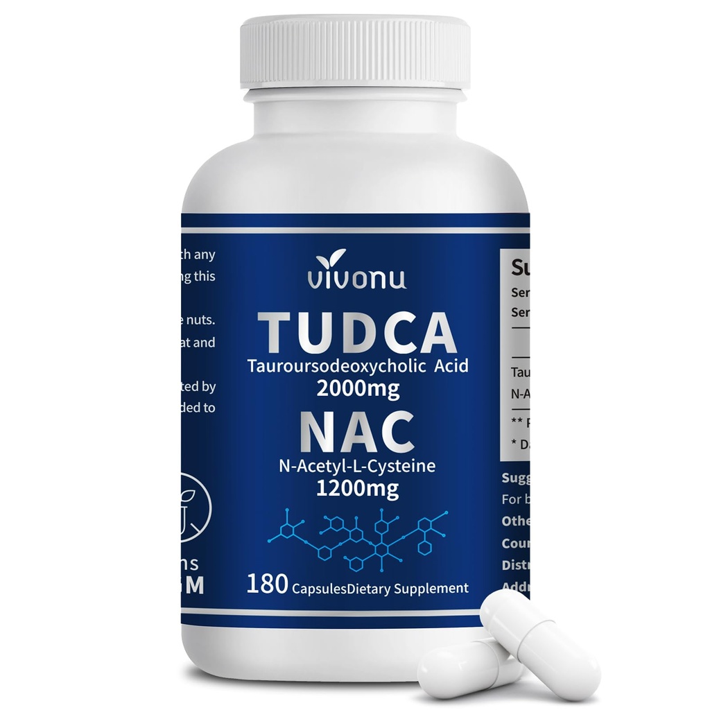 VivoNu TUDCA 2000mg + NAC 1200mg Supplement Complex Kapsułki, Potężny TuDCA Bile Salt + N Cysteina Acetylowa, Suplementy przeciwutleniające do czyszczenia wątroby i płuc i pęcherzyka żółciowego, trawienie - 180 Kapsułki