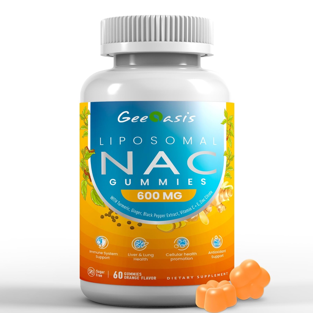 Liposomal NAC Gummies 600mg, N- Acetylowy suplement cysteiny dla dzieci i dorosłych, z Turmeric, Ginger, czarny pieprz, Immune, Wątroba i Lung Support, Przeciwutleniacz, Bezcukrowy aromat ananasowy, 60 Liczby