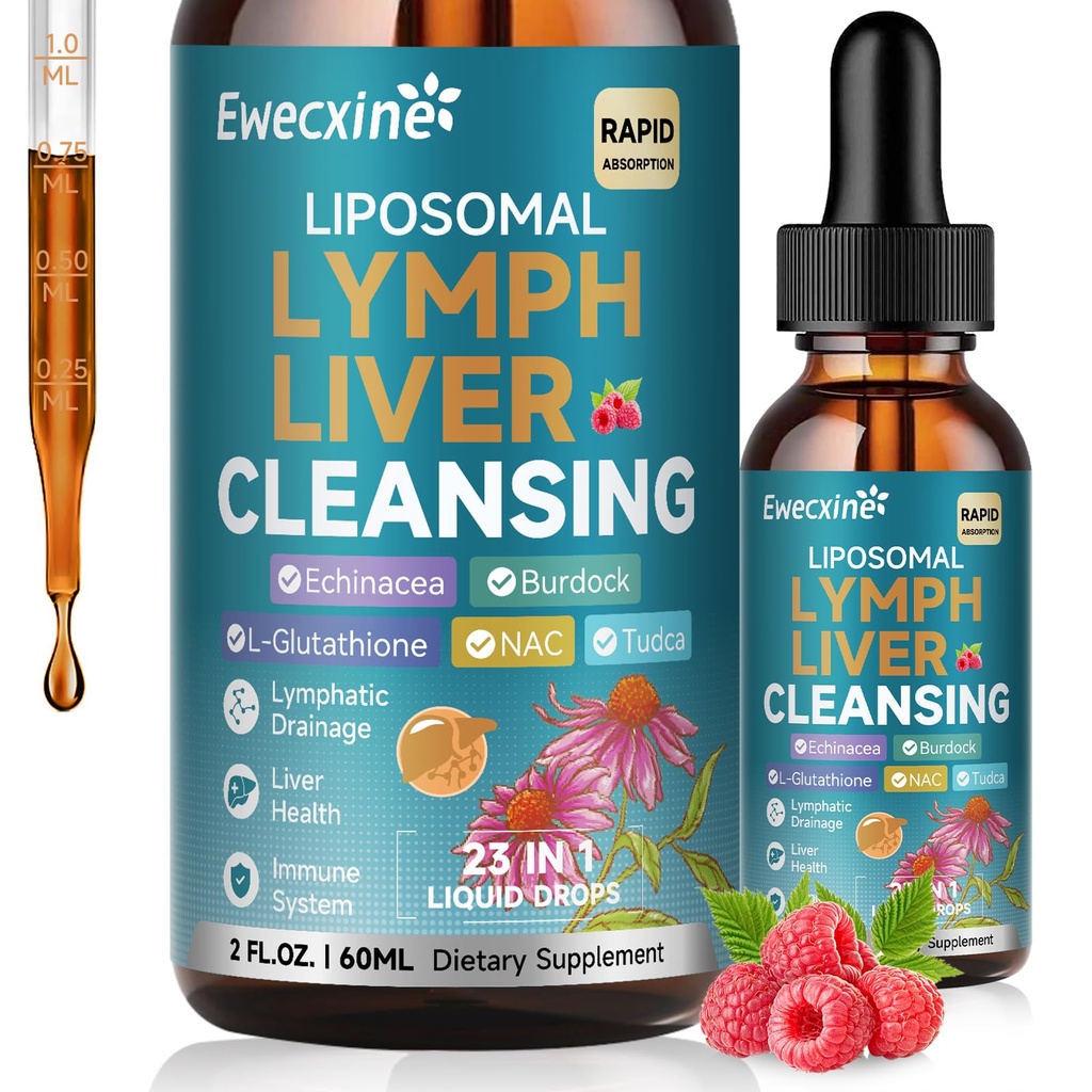 Liposomal Lymphatic Dreanage & Lever Cleanse Drops, 23- in-1 z Echinacea, NAC, TUDCA, L- Glutathione, Burdock dla Lymph, Detox wątroby i naprawy, Wsparcie immunologiczne, Malina Flavor, 2 fl Oz Suplement