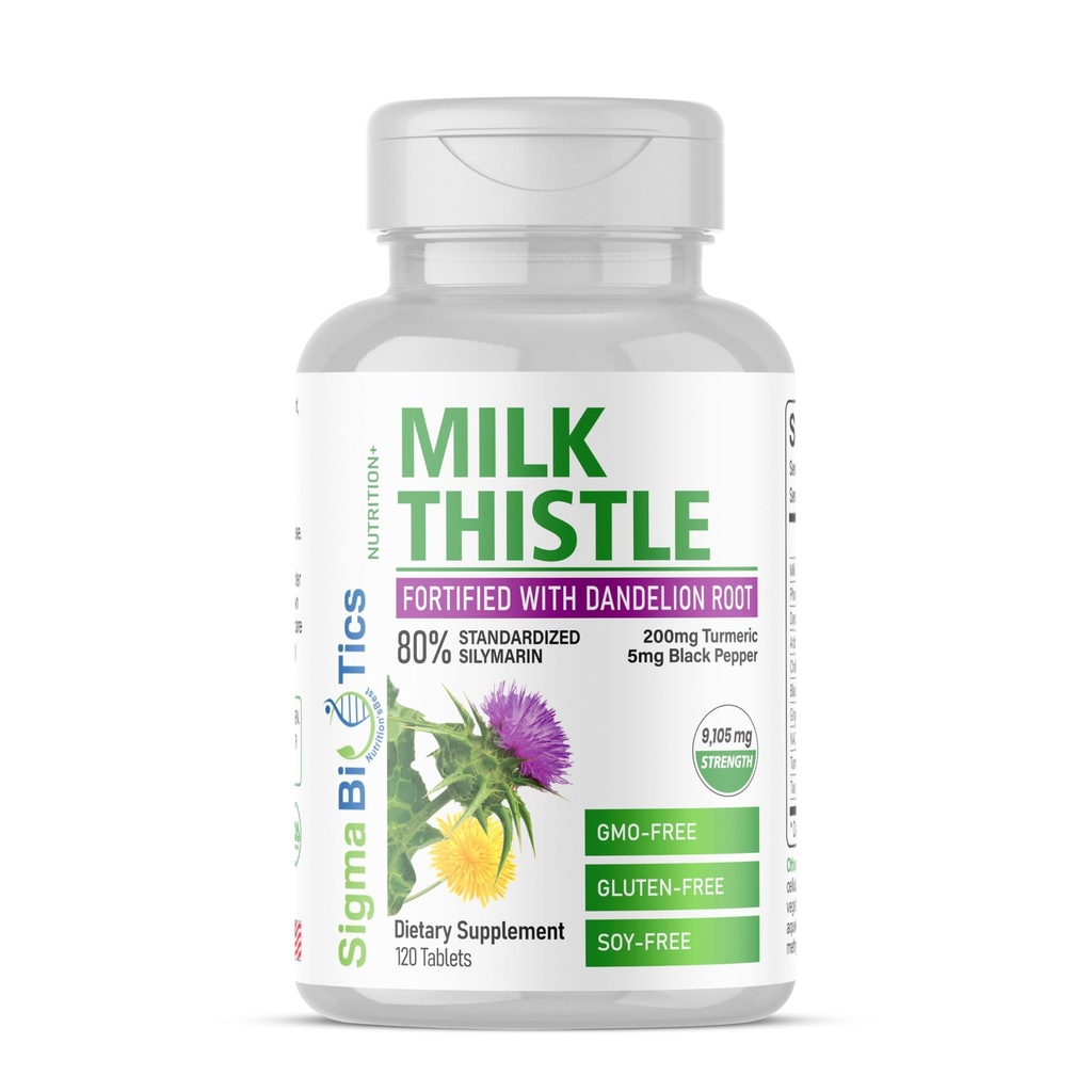 Ekstrakt Thistle Milk 9105mg - wzbogacony korzeniem Dandelion Root, Turmeric, Black Pepper, NAC, Choline & Tauryna - 80% Znormalizowana sylimaryna do wsparcia wątroby - bez GMO-, bez glutenu, bez soi 120 tabletek