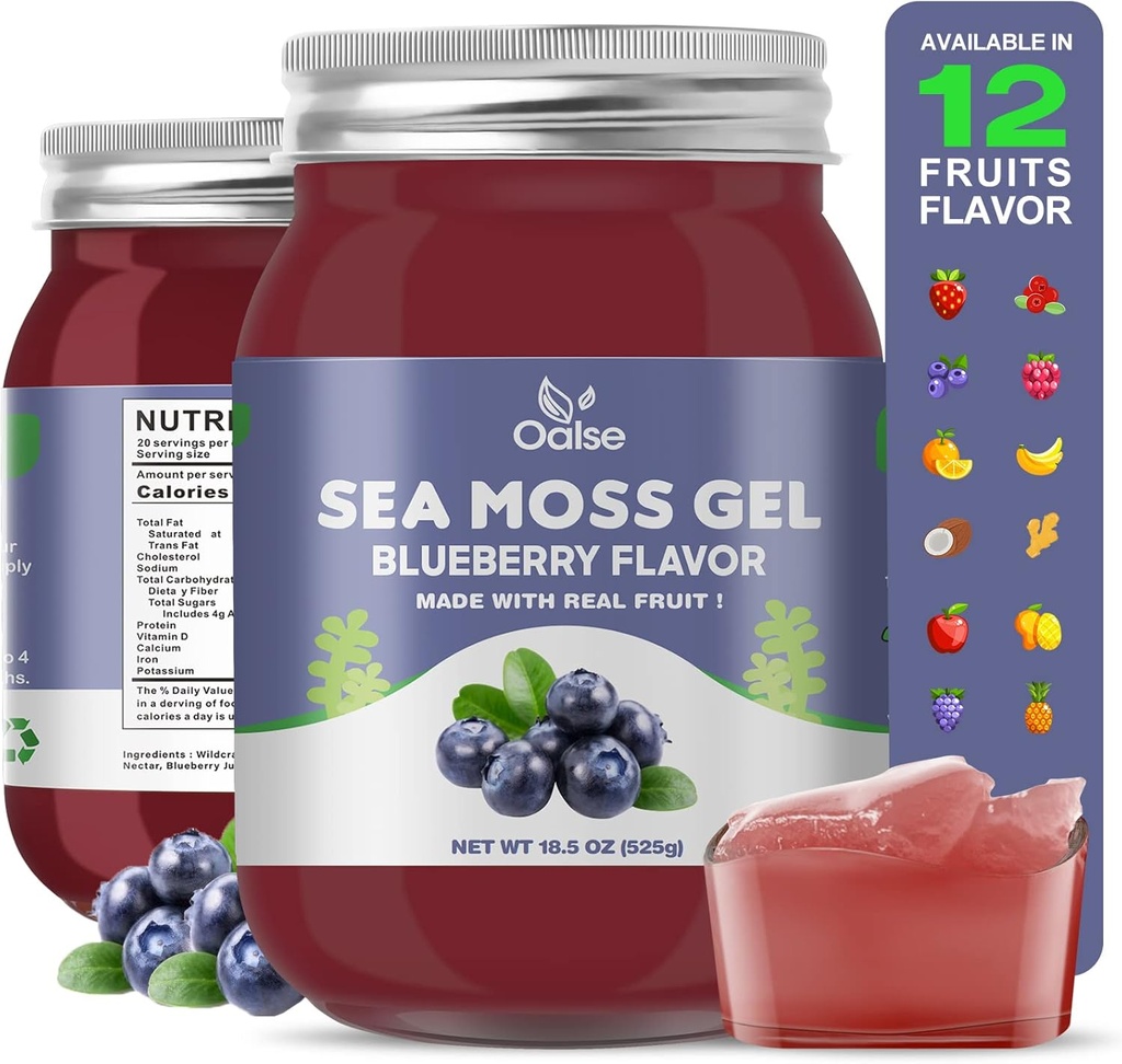 Sea Moss Gel - 18.5oz Blueberry Flavor Surowy Żywny Sea Moss Gel w Minerałach, Białka i Witaminy, Vegan- Friendly, 2 Tablespoon Daily
