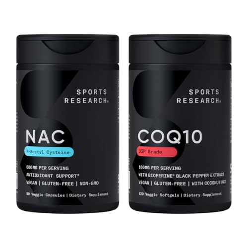 Sports Research ® Antioksydant Support Pack - N- Acetyl L- Cysteine (NAC) 600mg, CoQ10 100mg Enhanced w / Oil Coconut & Bioperine - Vegan · Non-GMO · Gluten Free