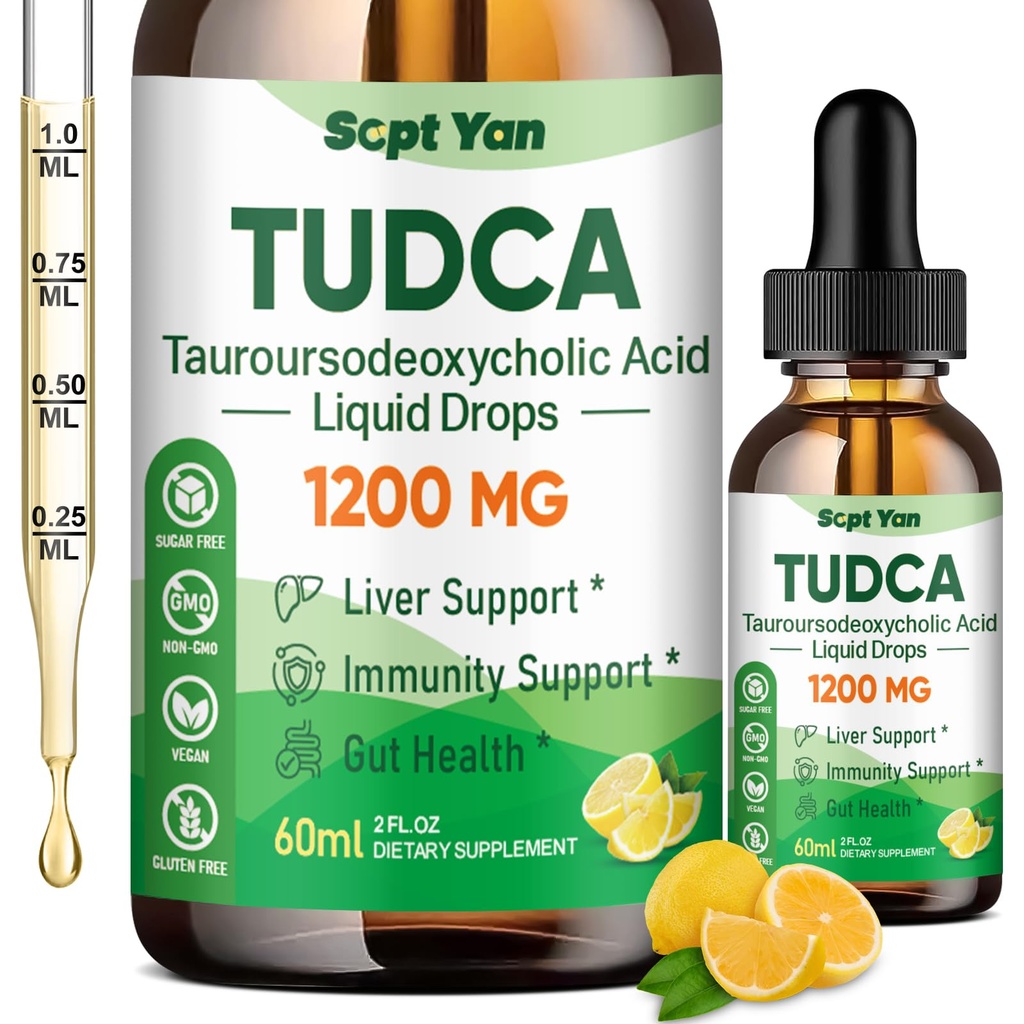 Suplement TUDCA 1200mg krople płynne, suplement wątroby z TUDCA, NAC, Thistle mleka nasion i Dandelion, do wsparcia wątroby, i pęcherzyka żółciowego Cleanse & Repair, Sugar- Free, Wegan, Lemon Flavor, 2 Fl Oz