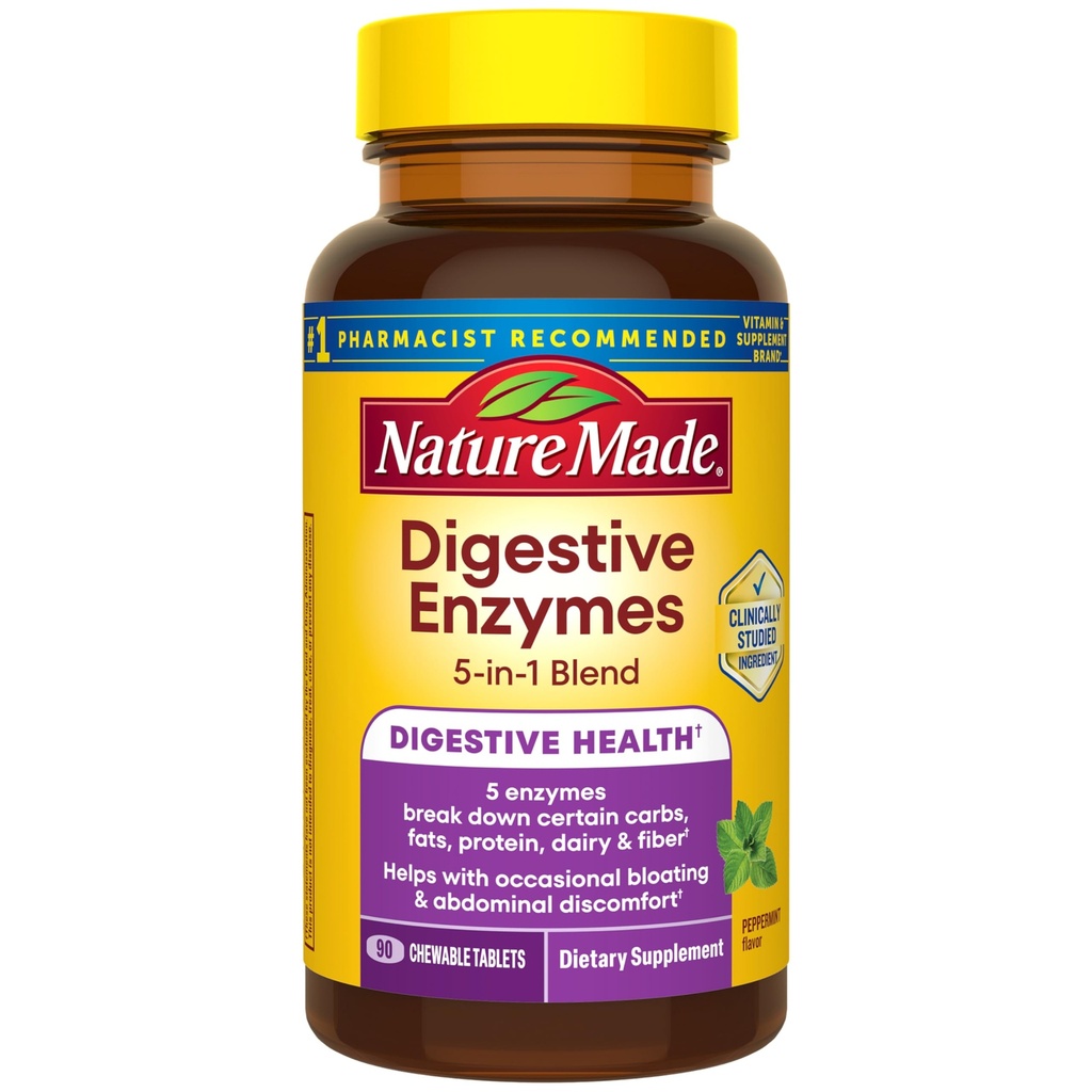 Nature Made Digestive Enzymes 5- in-1 Mieszanka, Digestive Health Support, 90 Tabletki do żucia, 30 Day Supply