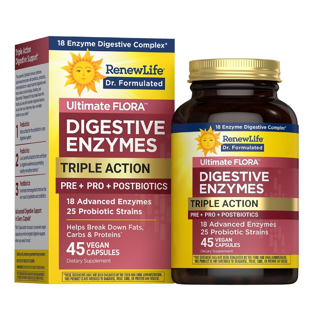 Renew Life Ultimate Flora Digestive Enzymes with Probiotics and Prebiotics Bird124; Doctor Formated Bird124; 45 Vegan Capsules Bird124; Eases Okazjonalne Gaz, Bloating & Discomfort Bird124; Dairy, Soy i gluten Free Supplement