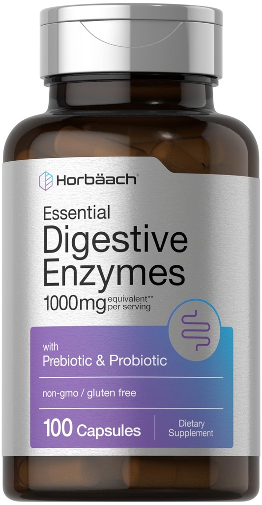 Horbäach Esential Digestive Enzymes 124; 100 Kapsułki Event 124; Enzym Mieszanka dla mężczyzn i kobiet Event 124; Non- GMO & Gluten