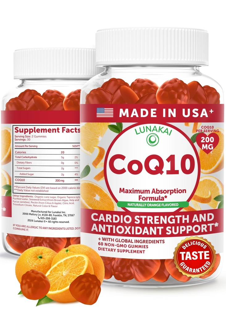 Lunakai USA Made CoQ10 Gummies dla dorosłych - 200mg High Potency Coensis Q10 Supplement for Daily Heart, Energy & Antioksydant Support for Women & Men, Non-GMO, 60ct
