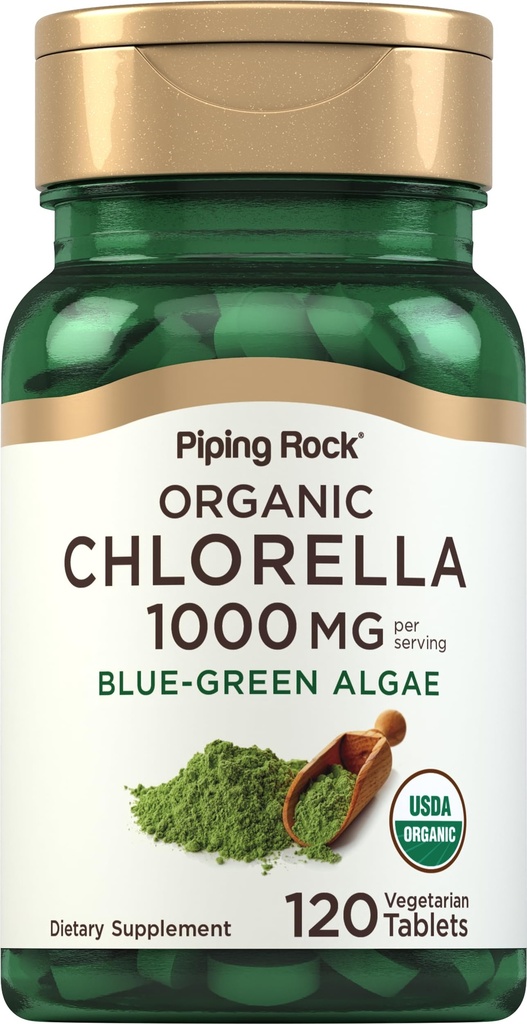 Piping Rock Chlorella 124; 1000mg 124; 120 tabletek 124; Blue- Green Algae 124; Broken Cell Wall Organic 124; Non-GMO, Gluten suplement