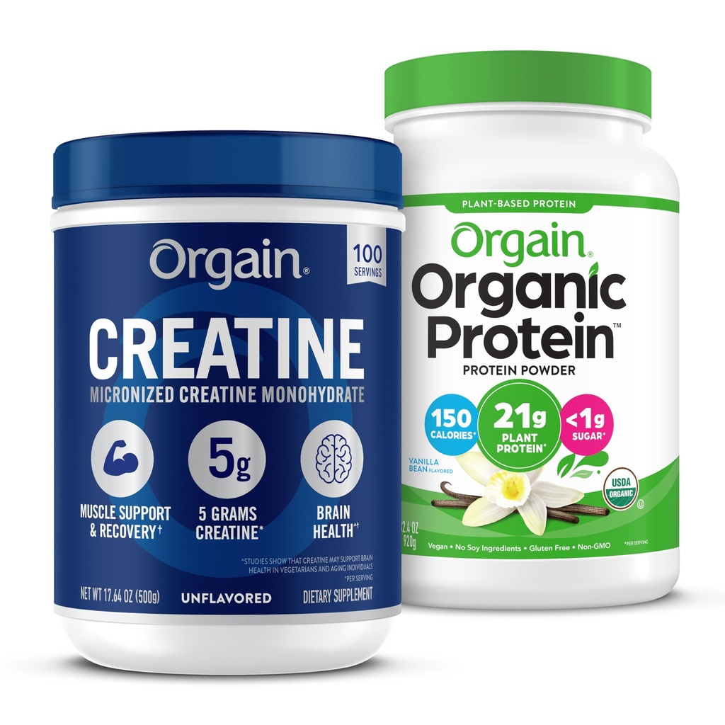 Orgain Kreatywny proszek monohydrat 17.64 Oz (100 Servings) & Organic Vegan Vanilla Protein Bean Powder 2.03 lb Bundle - Białko oparte na plancie i wsparcie mięśni