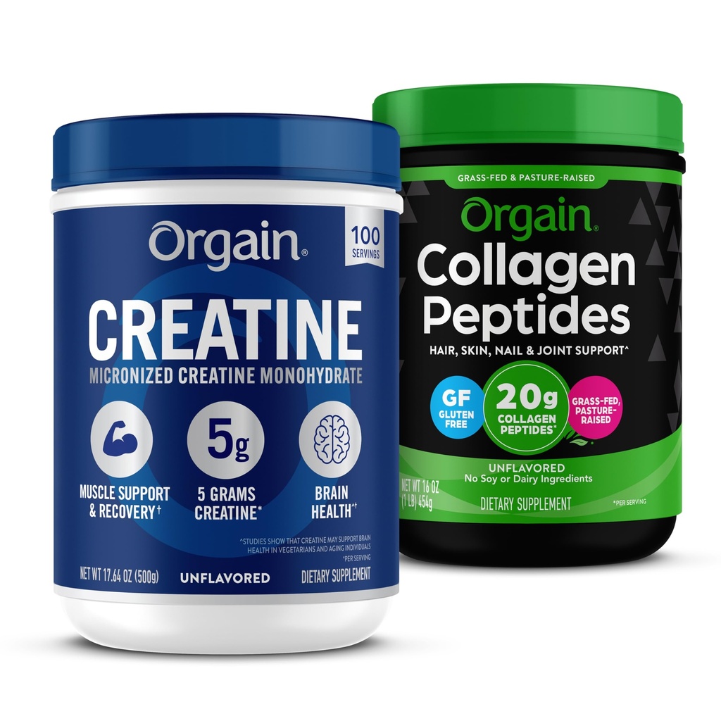 Orgain Kreatywny proszek monohydrat 17.64 Oz (100 Servings) & Kolagen Peptydy proszek 1lb (20g trawa fed) Bundle - nieflawored, nieGMO Suplementy dla mięśni, mózgu, skóry i wspólnego wsparcia