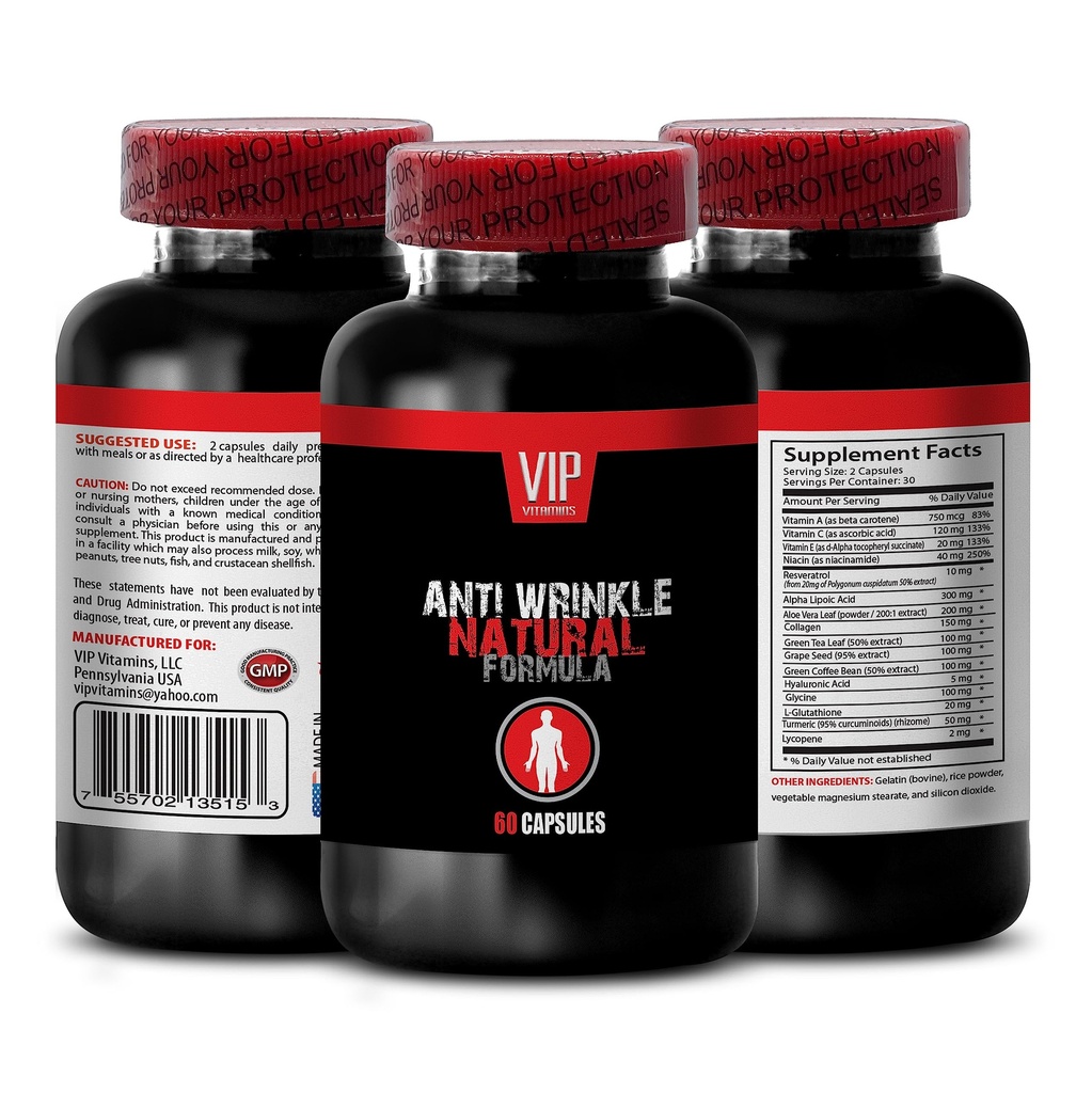 Anti-Wrinkle - Anti-Wrinkle Blend with Green Coffee, Trans-Resveratrol, Hyaluronic Acid & Niacin Skin Support, Grape Seed Skin Support, Vitamin C, Aloe Vera Care, L-Glutathione 1Bot