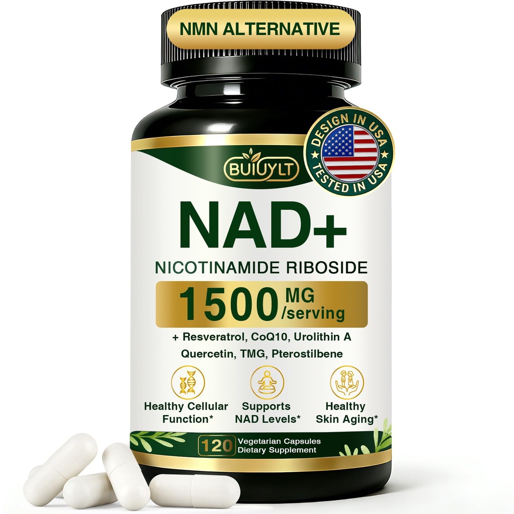 NAD+ Supplement 1500mg, NR NMN Replacement with Resveratrol, Urolithin A, CoQ10 & Quercetin - NAD Plus for Cellular Energy, Healthy Aging & Stamina for Women & Men - 120 Capsules