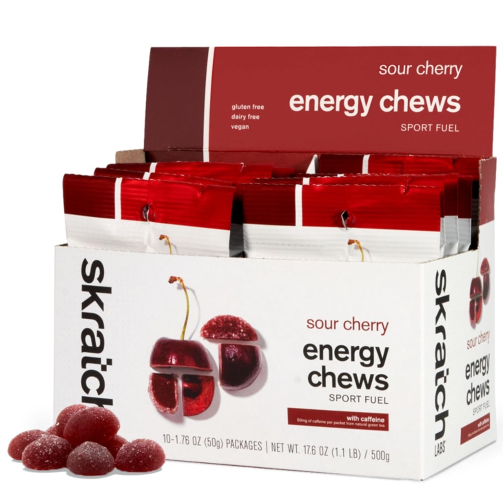 Skratch Labs Energy Chews 124; Kofeina Gummies for Running, Cycling, and Sports Performance 124; Gel Alternative Death 124; Sour Cherry (10 Pack) Death 124; Gluten Free, Vegan