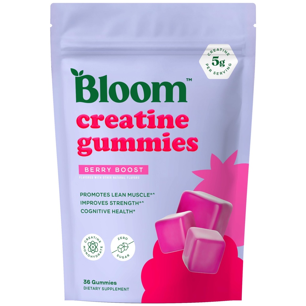Bloom Kreatywna jednowodzian Gummies, 5g Per Serving, Sugar Free Creatyne Gummy for Workout, Siła, Cognitive Health & Lean Muscle Support, Gluten Free & Non GMO, Berry Boost, 36 Gummies, 12 SVG