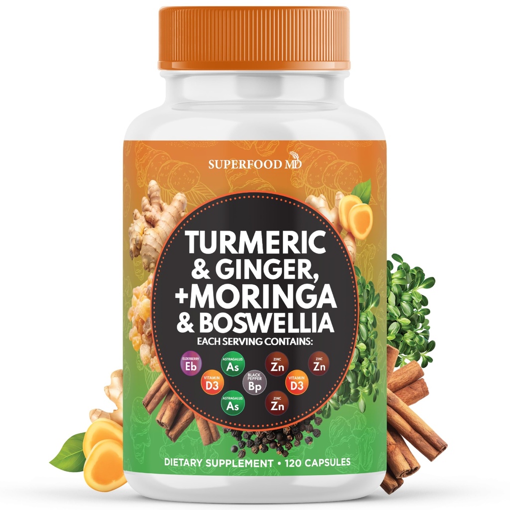 Turmeric Moringa Supplement Agregat 124; Ginger, Boswellia, Saffron, Święty Bazylika - Wspólne wsparcie dla kobiet i mężczyzn z Ceylon Cynamon, Quercetin, Tart Cherry - 120 Hrabia