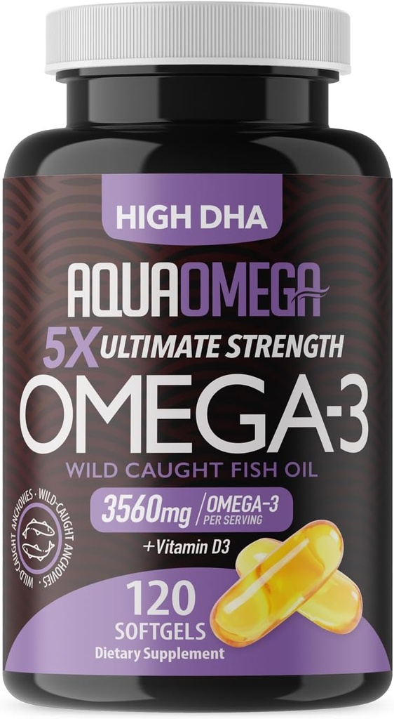 5X Ultimate Siła Omega 3 Suplementy oleju rybnego z EPA i DHA Omega-3 Kwasy tłuszczowe i Witamina D, Burpless Fish Oil Omega3 z wysokimi suplementami DHA, Niearomatyzowane Suplement Omega3, 120 Softgels