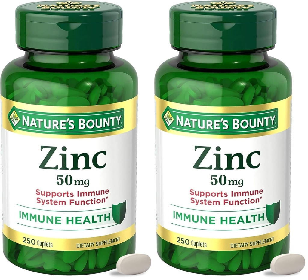 Nature 's Bounty Cynk 50mg, Immune Support & Antioksydant Supplement, Promotes Skin Health, 1 Caplet per Day, Gluten Free, 250 Vegetarian Capplets, (Opakowanie 2)