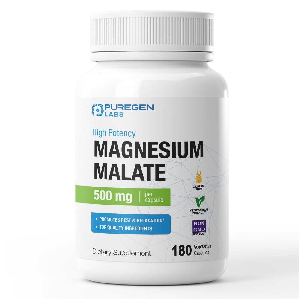 Puregen Labs Magnezu Malate 500mg XI124; High Potency Elemental Magnezu XI124; 180 Veggie Caps, Superior Absorption, Non-GMO, NO gluten and Dairy, Supports Muscle, Joint, and Heart Health