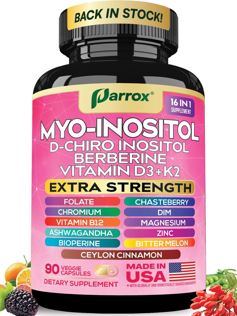 Myo Inositol Supplement, D-Chiro Inositol, Folate, DIM, Vitamin D3, B12, K2, Chromium, Bioperine, Ceylon Cinnamon, Zinc, Ashwagandha, Chasteberry, Magnesium, Berberine (90 Vegan Capsules)