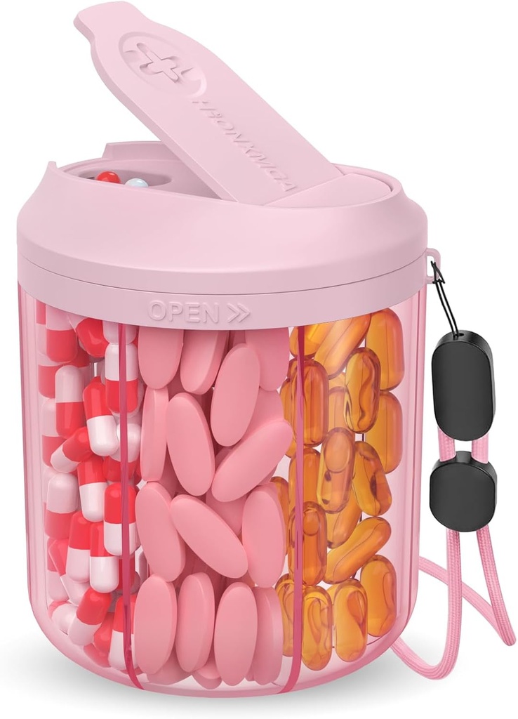 Rozpuszczalnik do piłek z 7 Wielkimi Komorami, 4,4 "H x 3.6" Organizator Dia Pill do podróży, Uzupełnienie Organizator z antymieszania projektu, Bezpłatny pojemnik na pióro z 20 etykiet szt., różowy