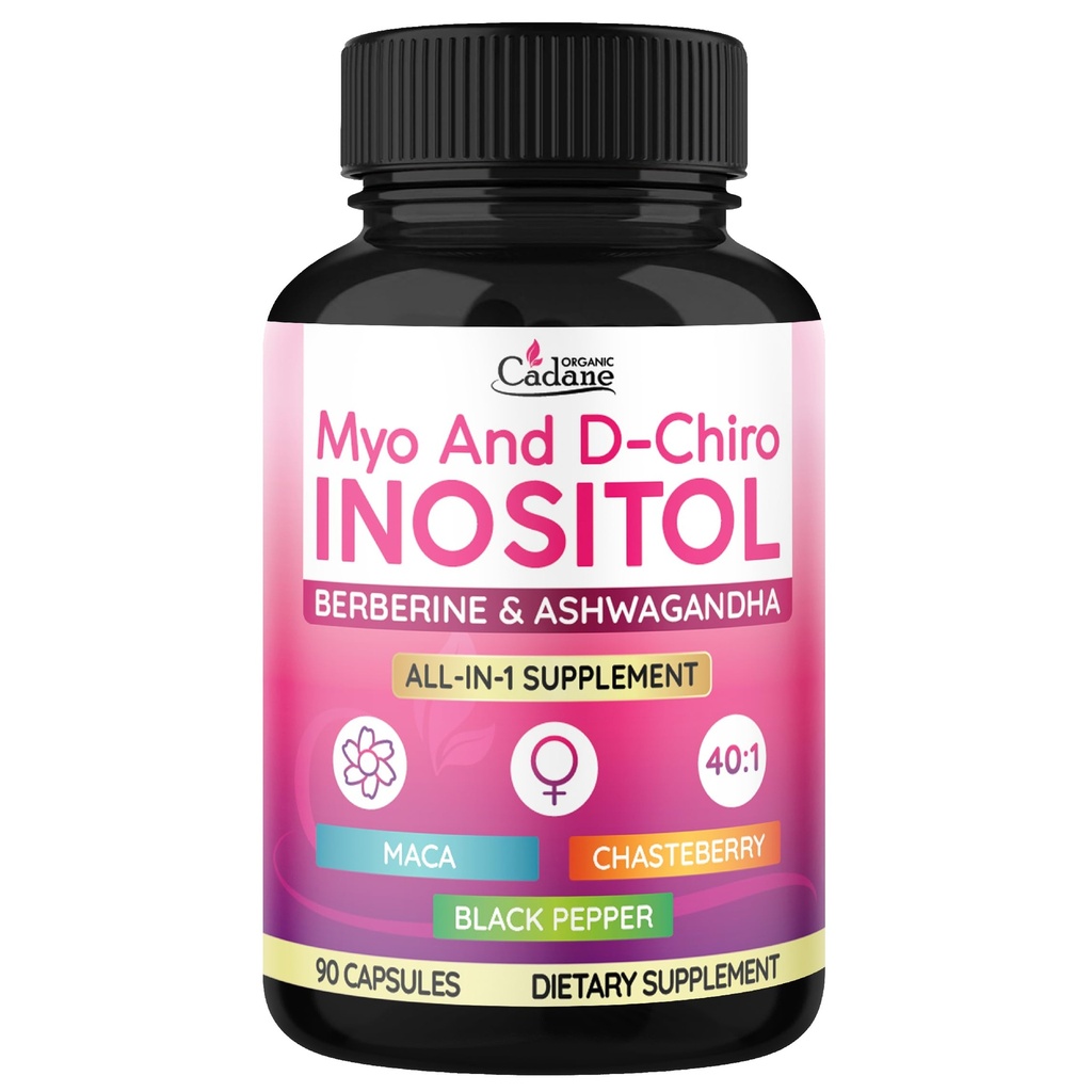 Organic Cadane Myo & D-Chiro Inositol Supplement | Formula with Ashwagandha, Maca, Chasteberry, Berberine & Black Pepper | Supports Women's Balance & Wellness | Vegan, Non-GMO - 90 Capsules