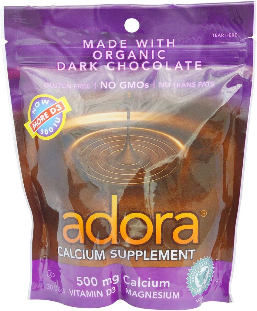 Adora Wapnia Supplement Disk, Organic Dark Chocolate, 30 Count (Opakowanie po 12)