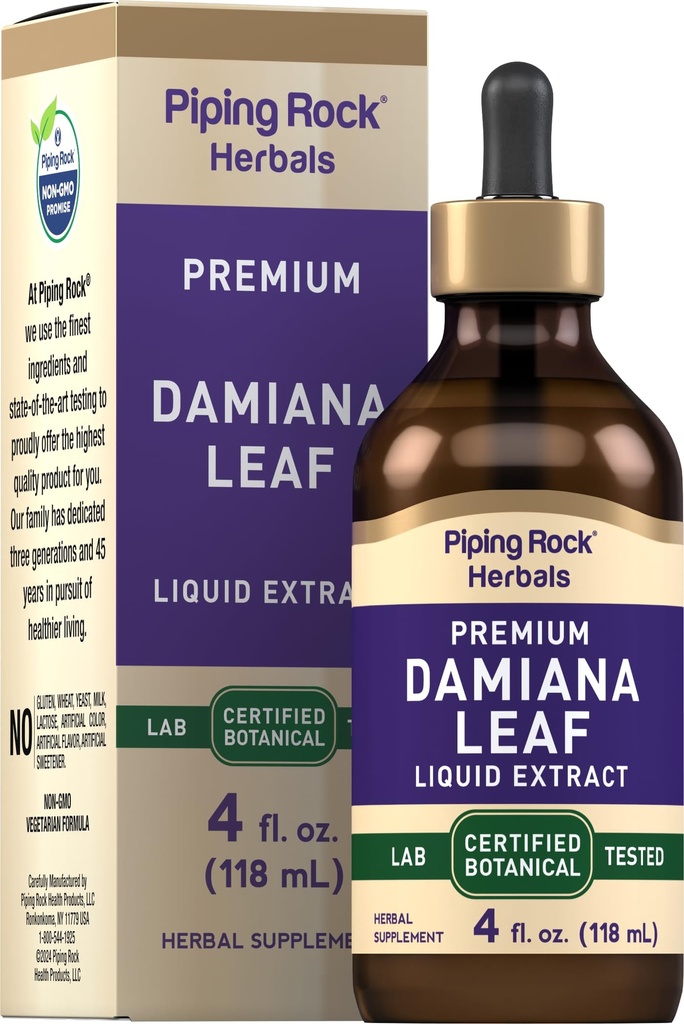 Piping Rock Damiana Liść Herb nalewka 124; 4 fl oz 124; Płynny ekstrakt krople 124; Wegetariański & Alkohol wolny 124; Nie GMO, Gluten suplement