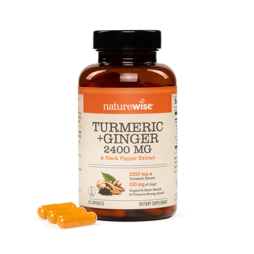 NatureWise Turmeric Curcumin + Ginger 2400 mg - Ultra High Curcuminoids 2100 mg - Turmeric Extract + Ginger - Extra Strength & Absorption - Vegan, Non-GMO - 90 Count[30-Day Supply]