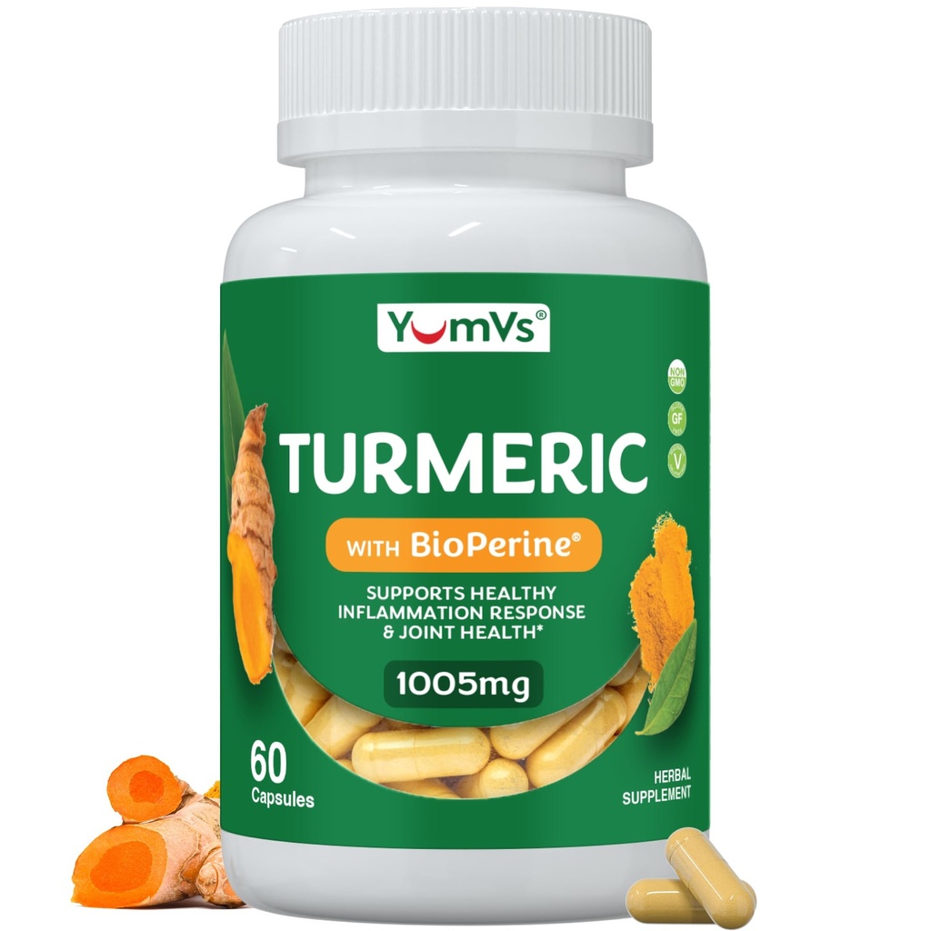 YUM-Vs Turmeric Curcumin Supplement with Black Pepper – Made with 100mg Extract + 900mg Raw Organic Turmeric – Supplement for Joint Health & Mobility – Non-GMO, Gluten Free, Vegetarian (60 Capsules)
