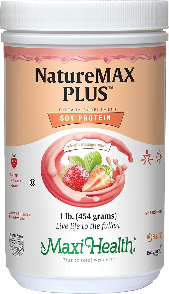 Maxi- Health NatureMAX PlusTM Energy Support Drink Soy Protein Powder - Sugar Free Diet Supplement - 20g Protein Per Serving - Natural Strawberry Flavor - Kosher Witamina - 1lb