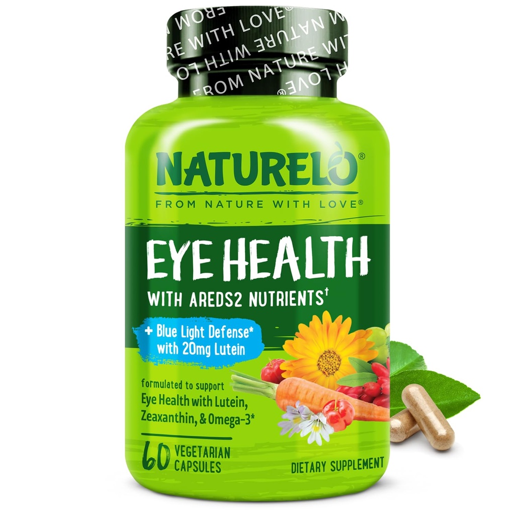 NATURELO Witaminy Eye - AREDS 2 Składniki odżywcze Formuły z luteiną, Zeaksantyna, Witamina C, E, Cynk, Plus DHA - Suplement do Suchych Oczy, Zdrowe Wizja, Wsparcie dla oczu - 60 Kapsułki wegetariańskie