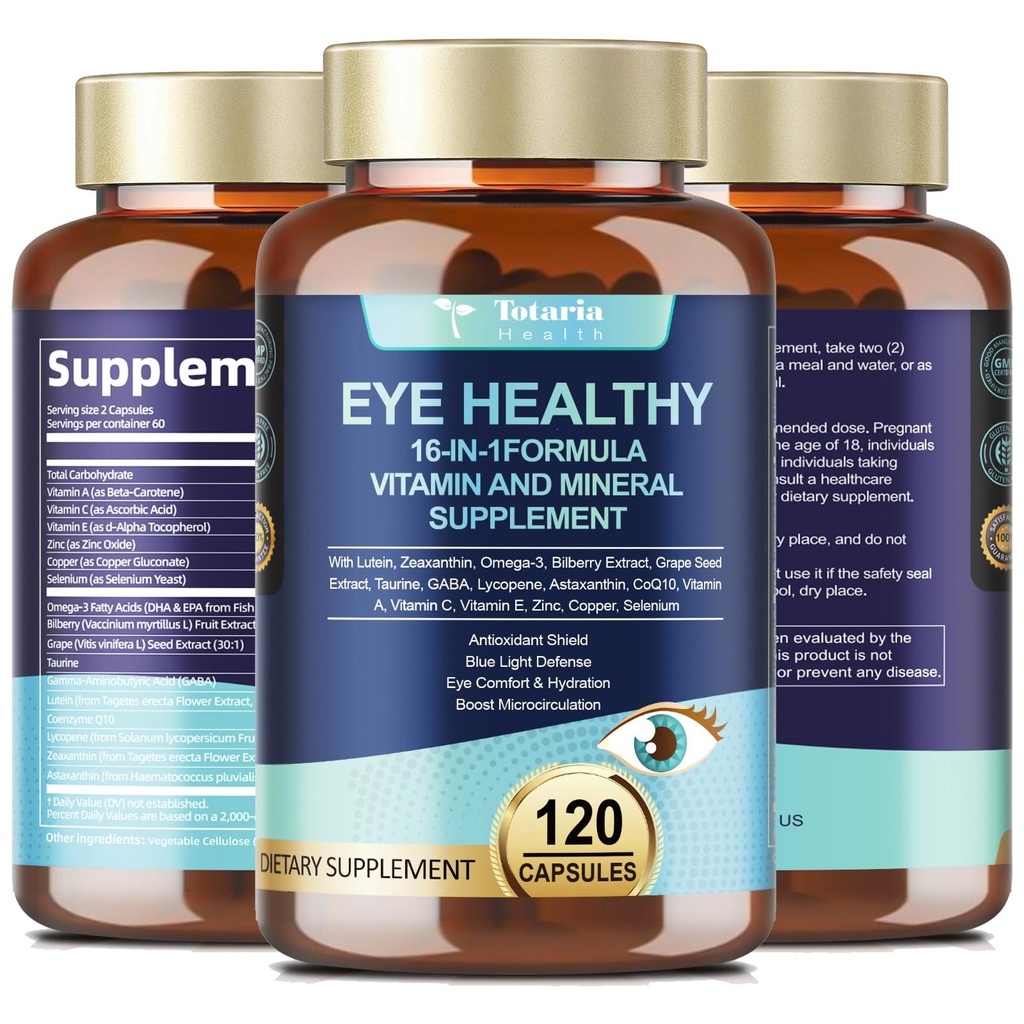 AREDS 2 Witaminy do oczu i ekstrakt mineralny z borówki oleistej Omega-3, Witamina do oczu dla seniorów Zdrowie plamki i suchego oka, Witaminy do oczu Luteina i Zeaksantyna Wsparcie Szczeliny do oczu i Hydration (120 Kapsułki)