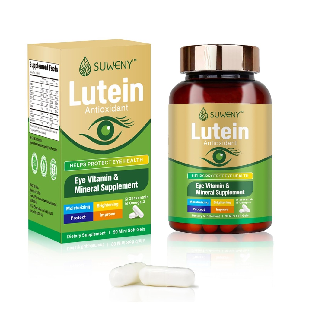 Lutein Eye Vitamin Suplement dla dorosłych - 90 Kapsułek, Pomaga Eye Health z Zeaksantyną, Cynk, Witaminy C & E, Wegan Formuła Blue Light Protection & Macular Support (1)