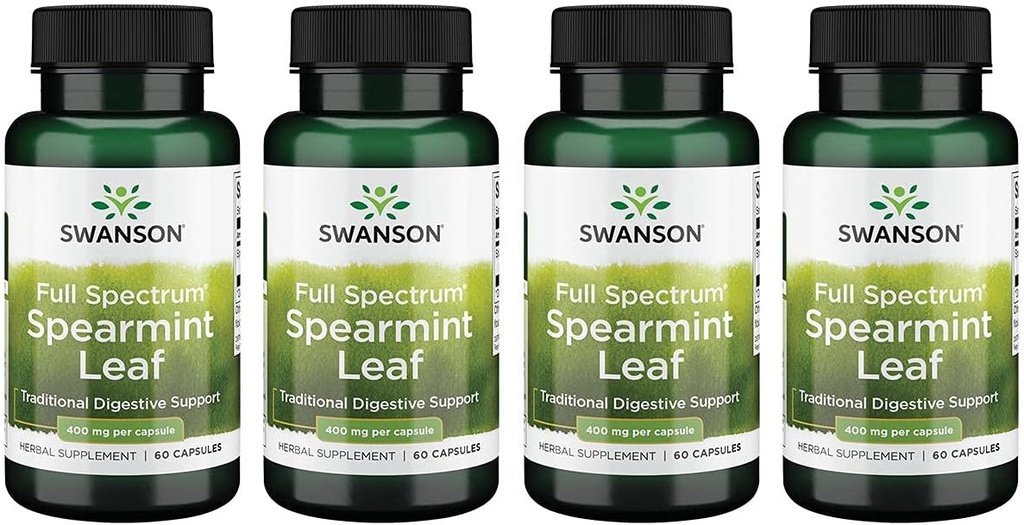 Swanson Spearmint Leaf (Mentha Spicata) -Full Spectrum Herbal Supplement Supplement supplement Digestive Health '&' Lekkie problemy żołądkowe - (60 kapsułek, 400mg każdy) 4 Pack