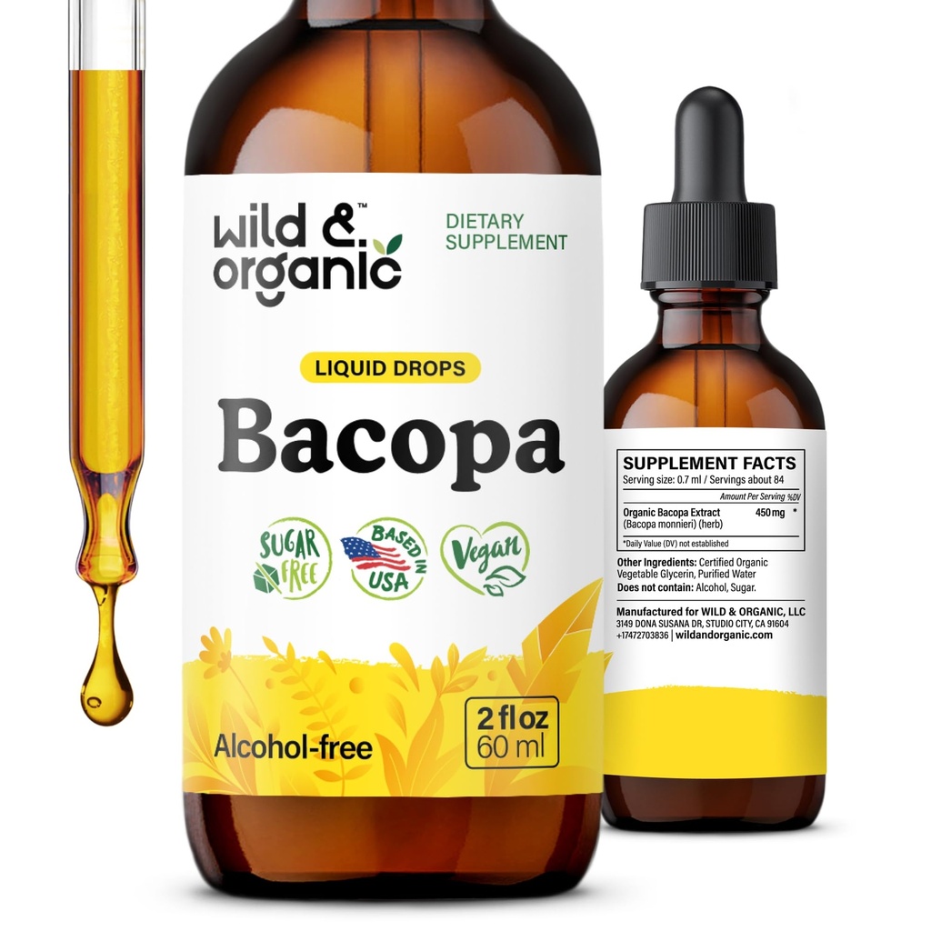 Wild & Organic Bacopa Tincture - Wspiera spokój, koncentrację, klarowność - Bacopa Monnieri Supplement Liquid - Bezalkoholowe krople z ekstraktem Brahmi - Vegan, Sugar-Free - 2- Month Supply - 2 fl oz