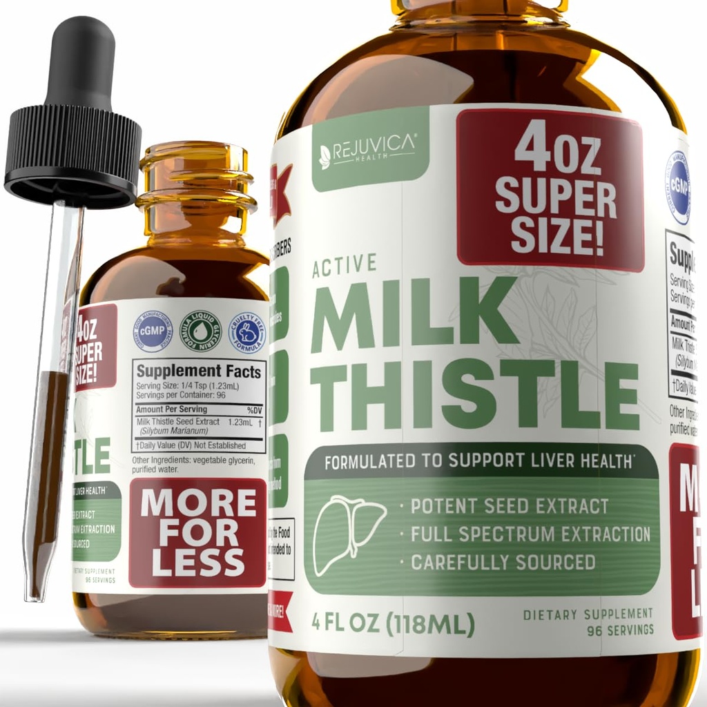 Rejuvica Zdrowie Aktywne mleko Thistle 4oz XL Super Size - Advanced mleko Thistle Seed Liquid Extract Drops - Może wspierać wątrobę - Wegański cukier bez GMO nalewka