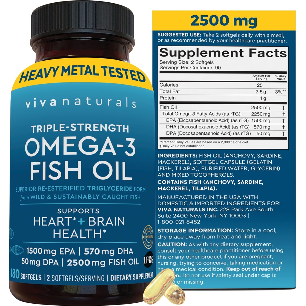 Triple Siła Omega 3 Suplement oleju rybnego dla mężczyzn i kobiet - 2500 mg Wysoka potencja, Easy- to- Absorb Reestryfikowany Trigliceryd Form, Pescatarian- Friendly DPA EPA DHA Omega 3 Suplement, 180 Softgels