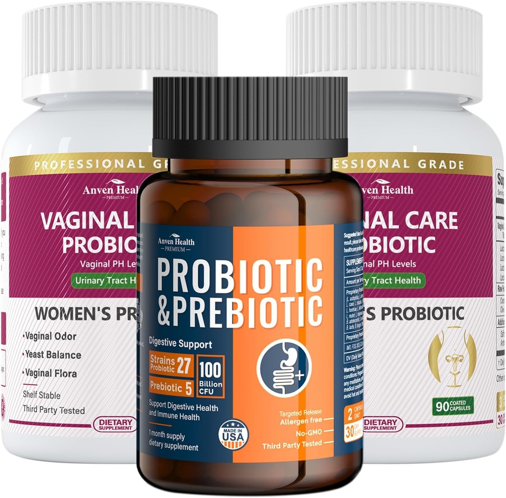 Kobiece probiotyki waginalne + 100 Miliard probiotyków z organiczną prebiotyką dla Gut Digestive & Immune Health Bundle - Total Wellness, Inside and Out!